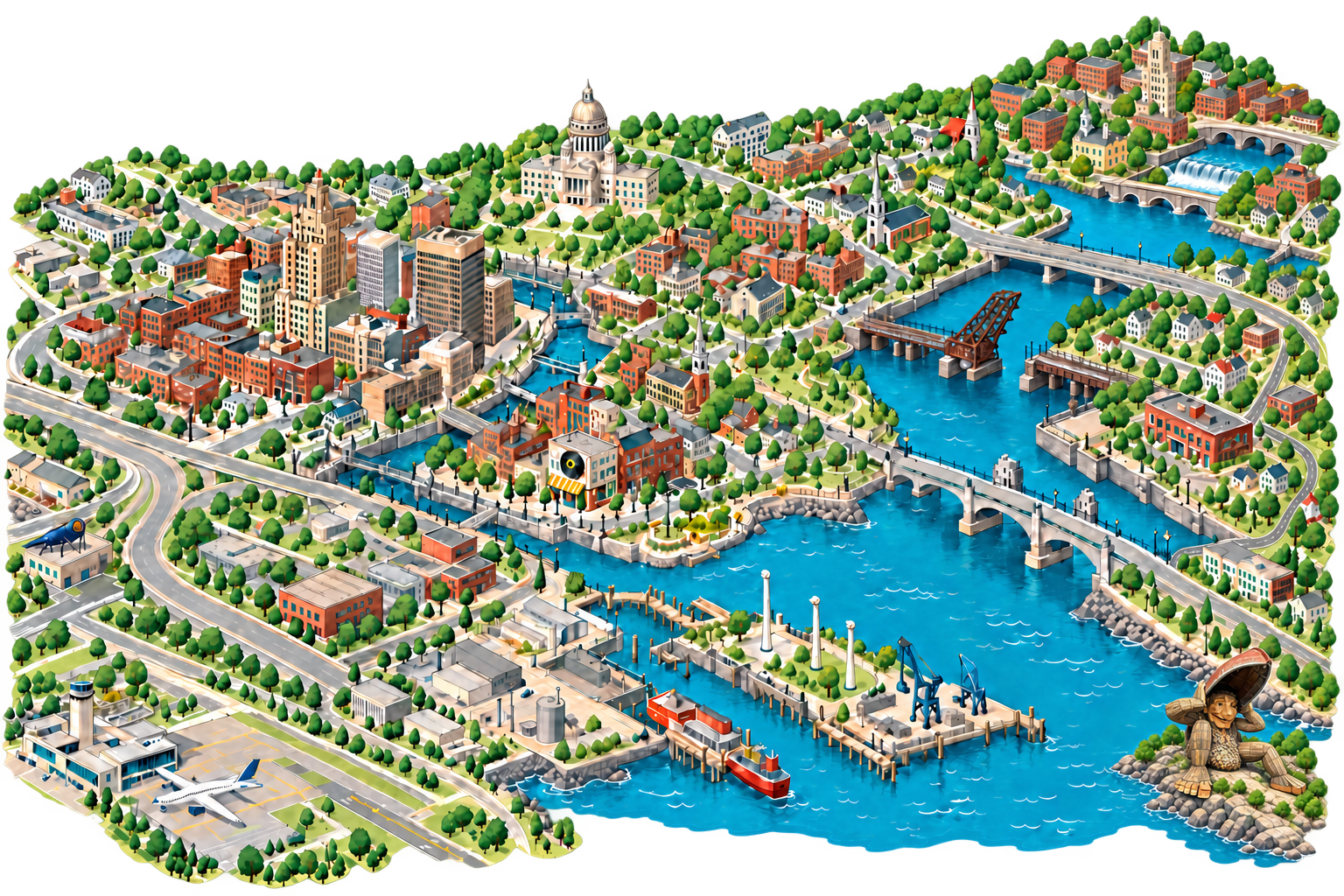 Providence and Pawtucket, with Henderson Bridge, the raised Crook Point railway bridge, Slater Mill, Mrs. Skipper on the waterfront, and the bay. A black car reaches Work, a bike crosses the lower bridge to Tunes, and a Land Cruiser continues to Travel.