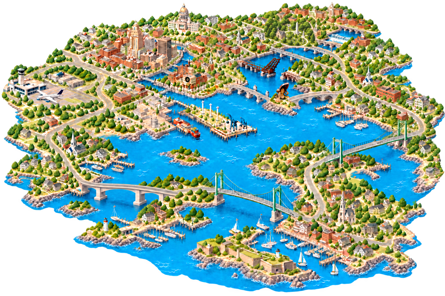 Illustrated Rhode Island: Providence and Pawtucket above Narragansett Bay, the airport and Wickford on the west shore, Jamestown and Newport across the lower bay, and Bristol and Warren on the return north. Swan Point Cemetery lies among trees on the East Side. The driving route crosses the concrete Jamestown bridge and the Pell and Mount Hope suspension bridges.