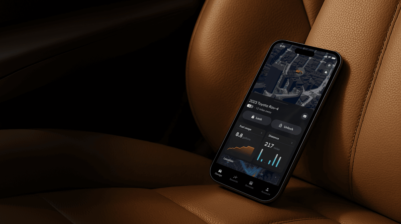 DIMO mobile app displaying vehicle location, fuel use and distance