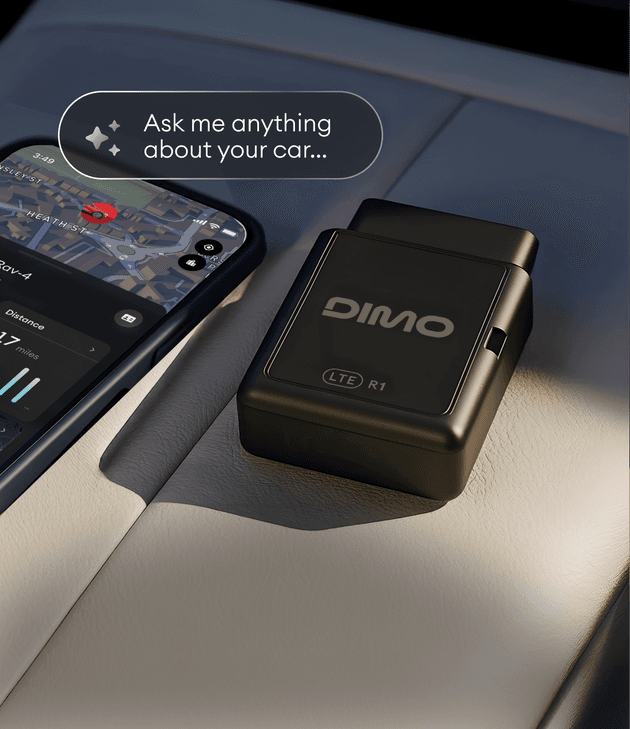DIMO LTE R1 vehicle adapter beside the DIMO mobile app