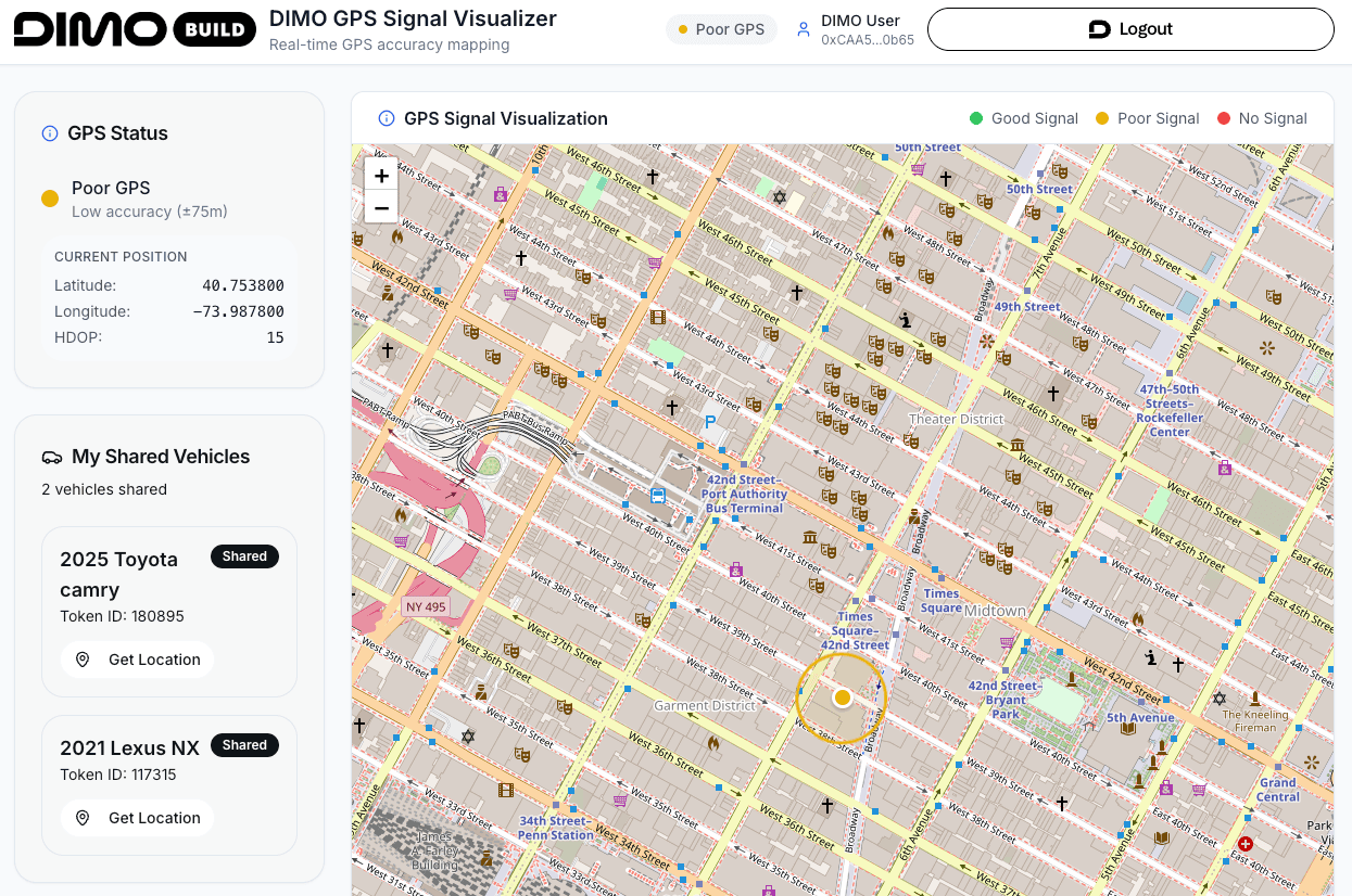 DIMO Build's published GPS visualizer showing shared vehicles and their location data on a map