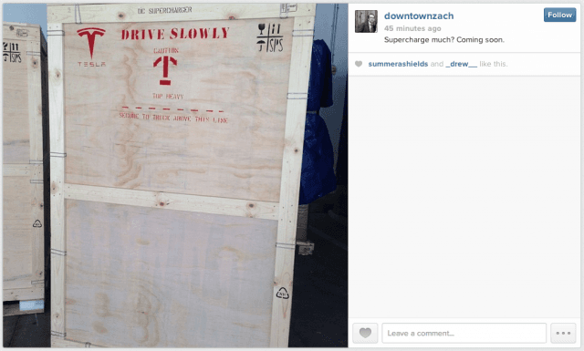 Tesla Supercharger crates pictured in Project 100's December 2013 coverage